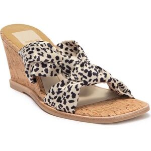 New Dolce Vita Naji Knotted Cork Wedge Mule in Leopard Satin